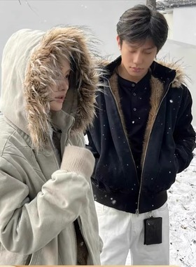 EME【座山狮】银狐可拆卸座山雕加厚连帽水洗军帆布夹克棉衣外套