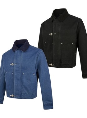 EME 秋季珠帆布洗褪飞机扣翻领夹克男女复古cleanfi龙虾工装外套