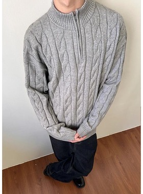 MADEEXTREME 松弛感老钱麻花纹粗针英伦半拉链重磅针织衫毛衣外套