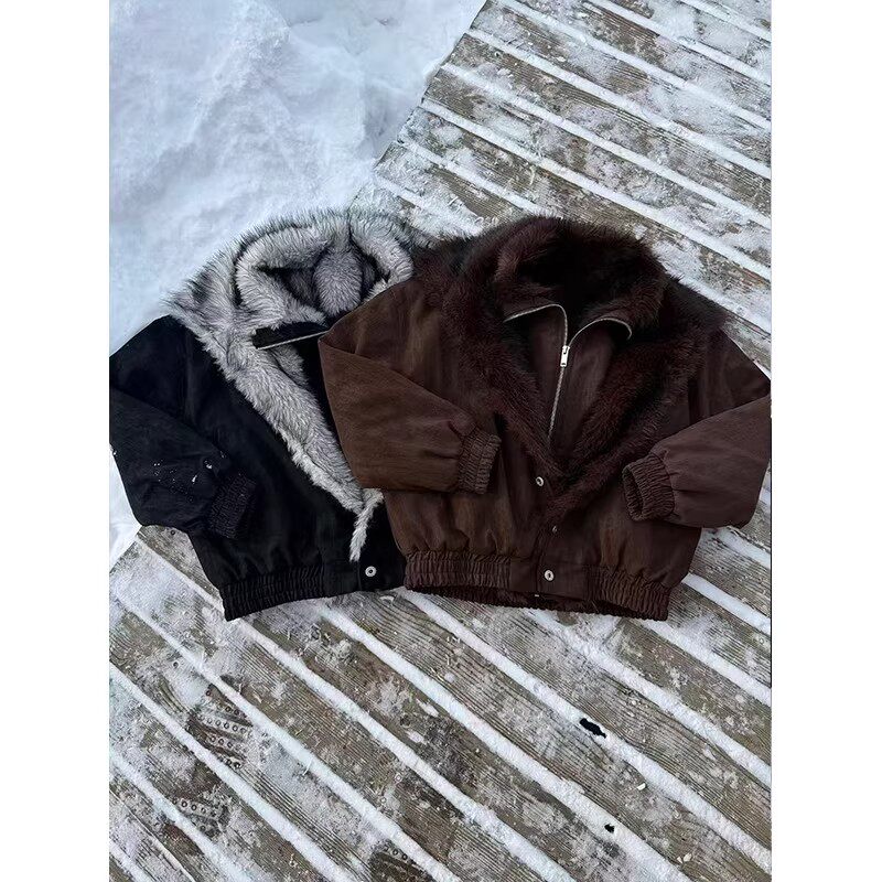 座山雕毛领外套秋冬树纹夹克棉服