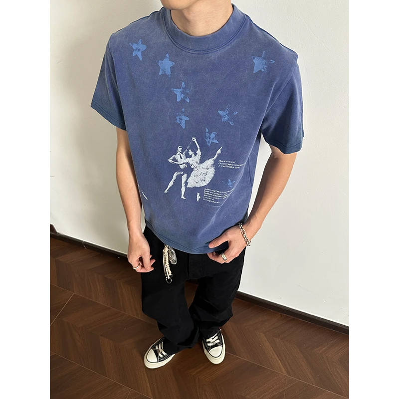 【EME】25ss蓝星舞影蜡染棉水洗复古做旧破坏工艺印花夏季短袖T恤