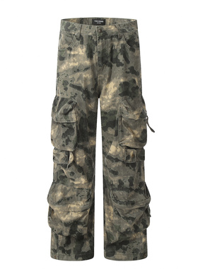 KAFER 美式复古迷雾蔓延多口袋晕染迷彩裤男女宽松直筒休闲工装裤