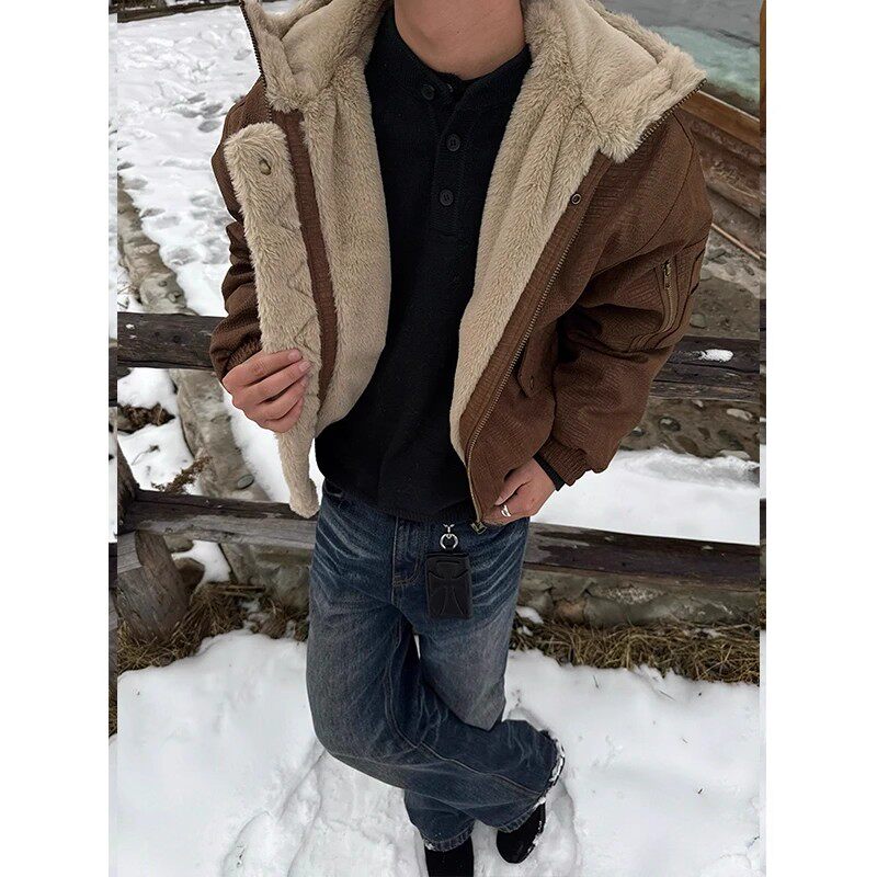 EME 荔枝纹皮双面穿水洗座山雕外套男女秋冬解构剪裁毛领夹克棉服