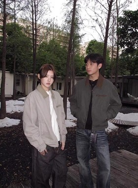 EME 复古水洗珠地棉夹克外套男女秋季炒盐做旧boxy版型翻领上衣潮