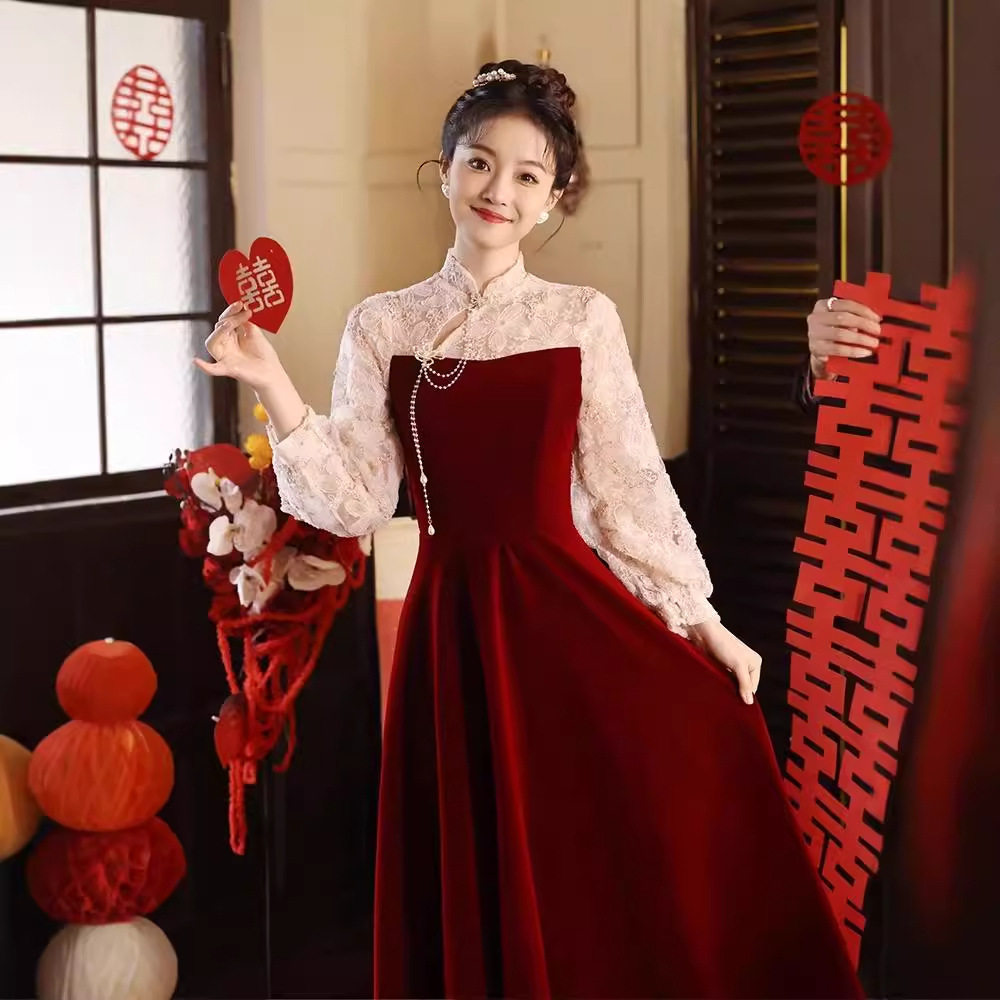 敬酒服新娘2024新款丝绒红色礼服/晚装