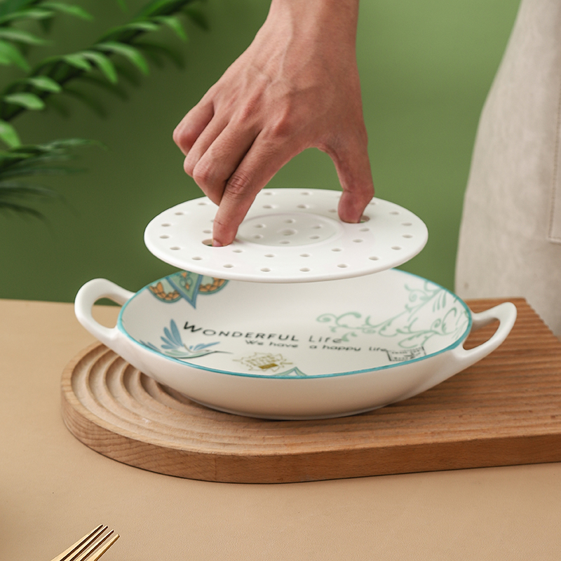 双耳饺子盘带蒸片沥水沥油海鲜虾盘陶瓷双层家用菜盘多功能蒸盘子