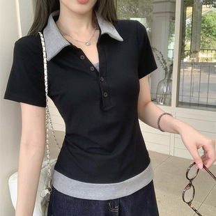 显瘦韩系设计感小众短袖 修身 上衣女T恤 假两件撞色POLO衫 2025新款