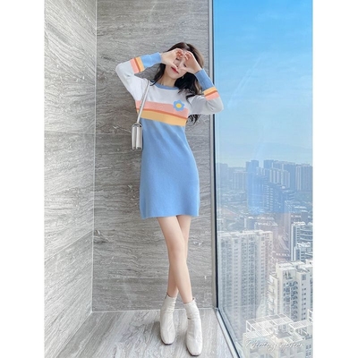 NOHASHTAG 2025春秋款蓝色条纹一字肩毛衣女漂亮套头针织上衣