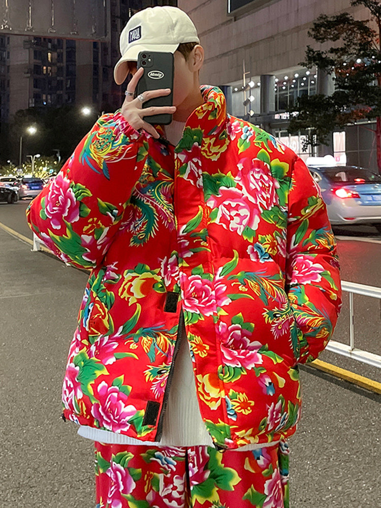 东北大花棉袄男国潮牡丹花棉服冬季加厚网红抖音同款农村喜庆棉衣