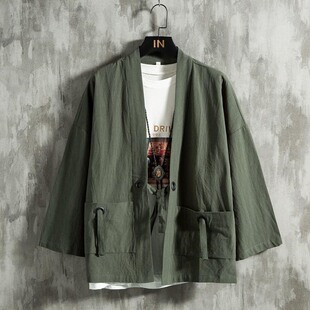 夏季中国风羽织道袍男士汉服开衫棉麻日式和服亚麻七分袖衬衫加绒