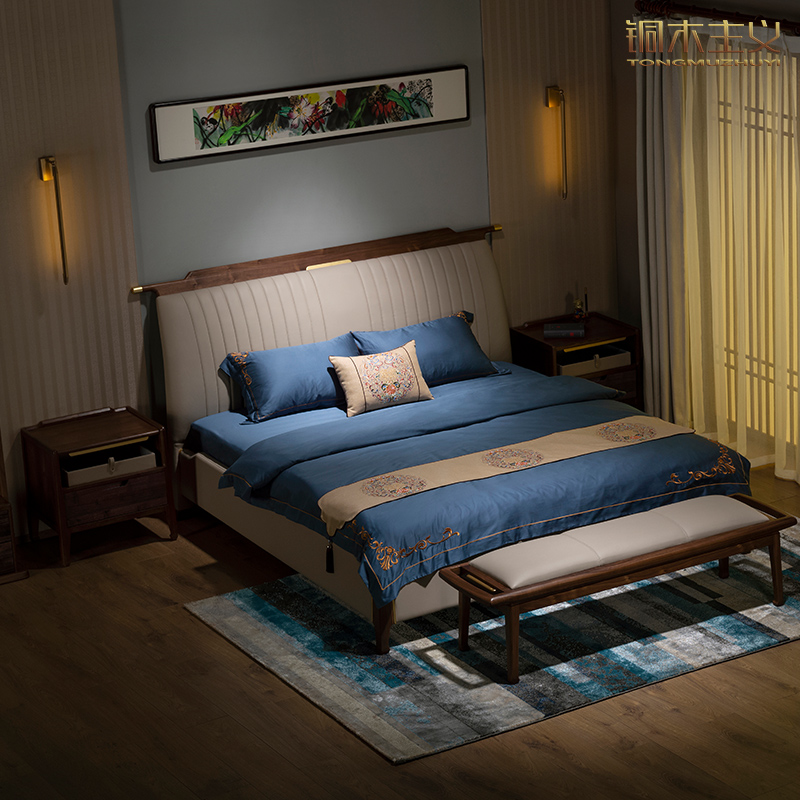 铜木主义金韵天成北美黑胡桃实木床头层牛皮软包新中式卧室家具