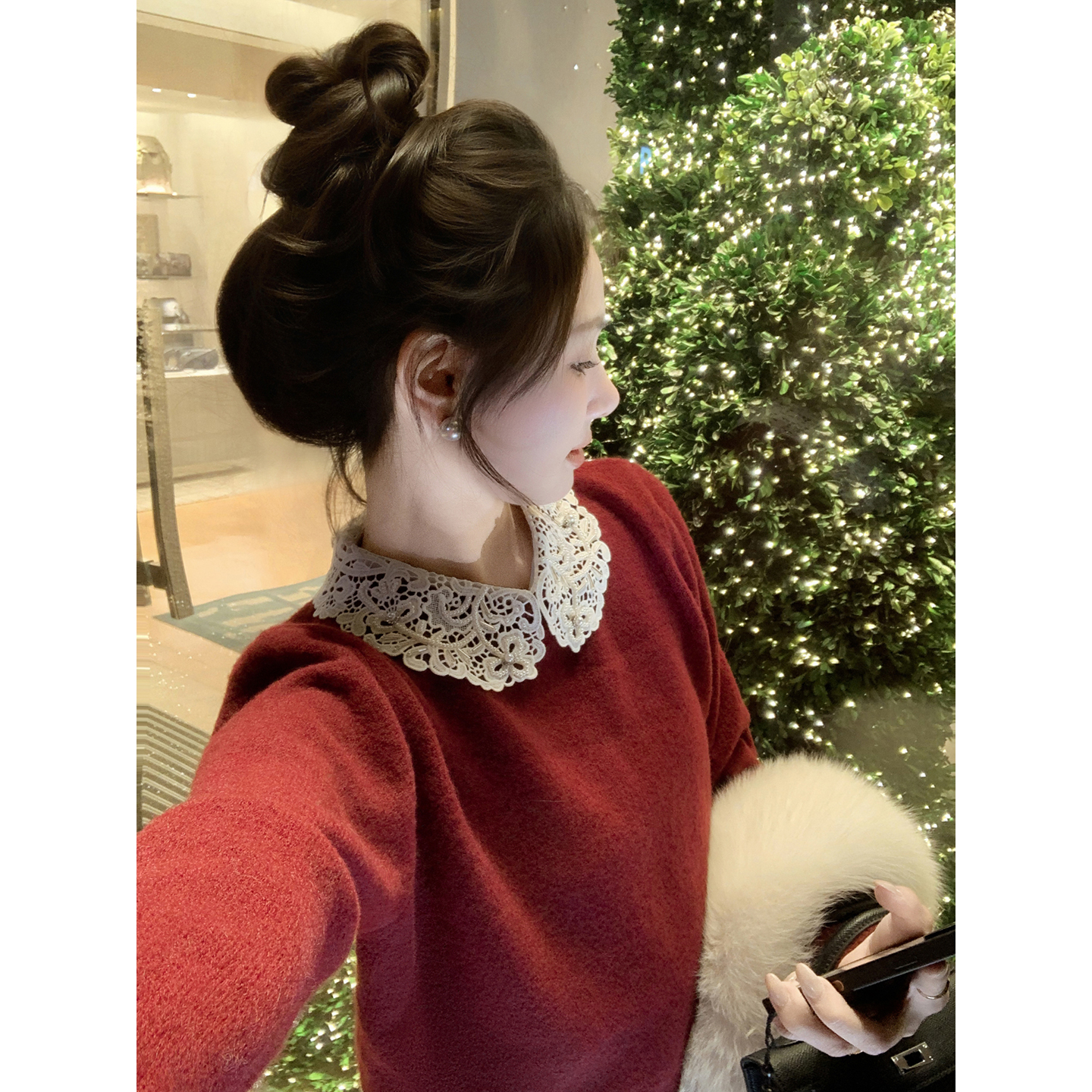 蕾丝娃娃领针织衫女冬季毛衣