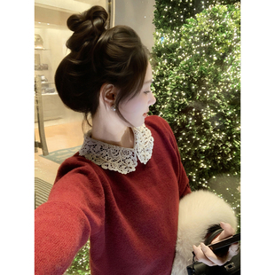 新款 鱼兔子 女2025冬季 娃娃领针织衫 内搭上衣红色圣诞毛衣 兔子
