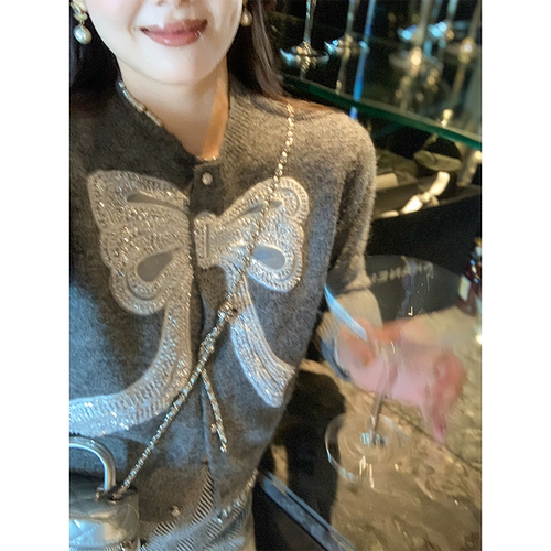 鱼兔子的兔子 法式蝴蝶结刺绣针织衫女秋冬新款百搭灰色毛衣开衫