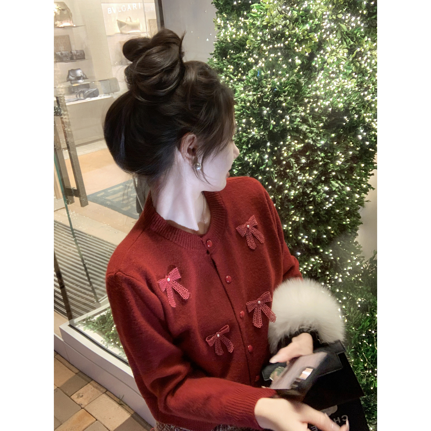 立体蝴蝶结针织开衫女冬季毛衣