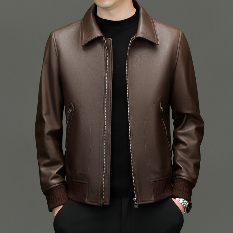 绵羊皮真皮皮衣男秋冬季翻领中青年休闲通勤皮夹克男装机车服外套