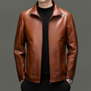 海宁真皮皮衣男款秋冬季商务休闲油蜡牛皮夹克外套保暖翻领男茄克