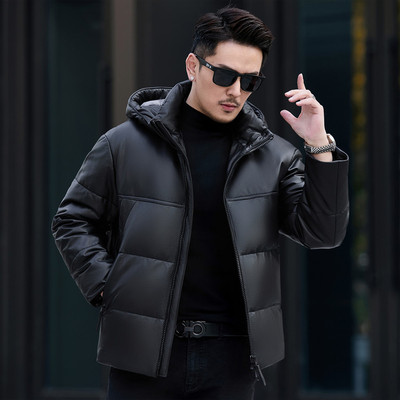 90%白鸭绒羽绒真皮皮衣男士冬季连帽短款加厚保暖头层牛皮外套新