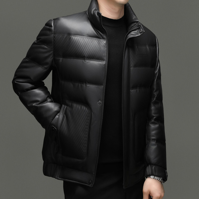 冬季真皮皮衣男绵羊皮夹克短款立领羽绒服白鸭绒加绒加厚外套修身