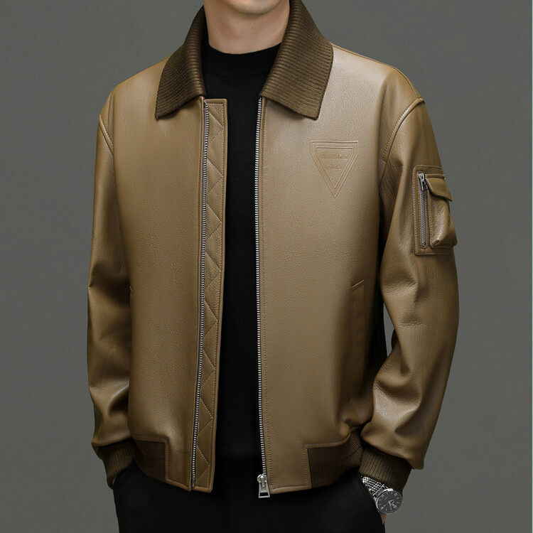 山羊皮衣外套男海宁秋冬新款山羊皮皮夹克痞帅卡其色男士短款皮衣