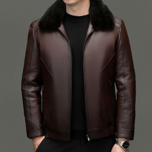 水貂毛翻领真皮皮衣男冬加厚时尚休闲高级感貂内胆山羊皮夹克外套