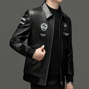 新款头层牛皮潮流男款帅气修身机车款真皮皮衣男皮衣夹克外套翻领