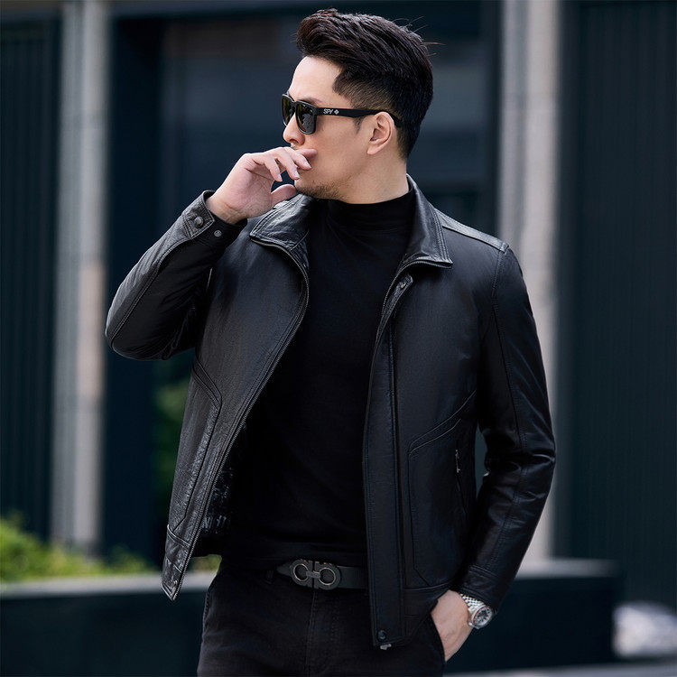 新款海宁真皮皮衣男头层牛皮短款翻领可脱卸内胆羽绒服时尚外套潮