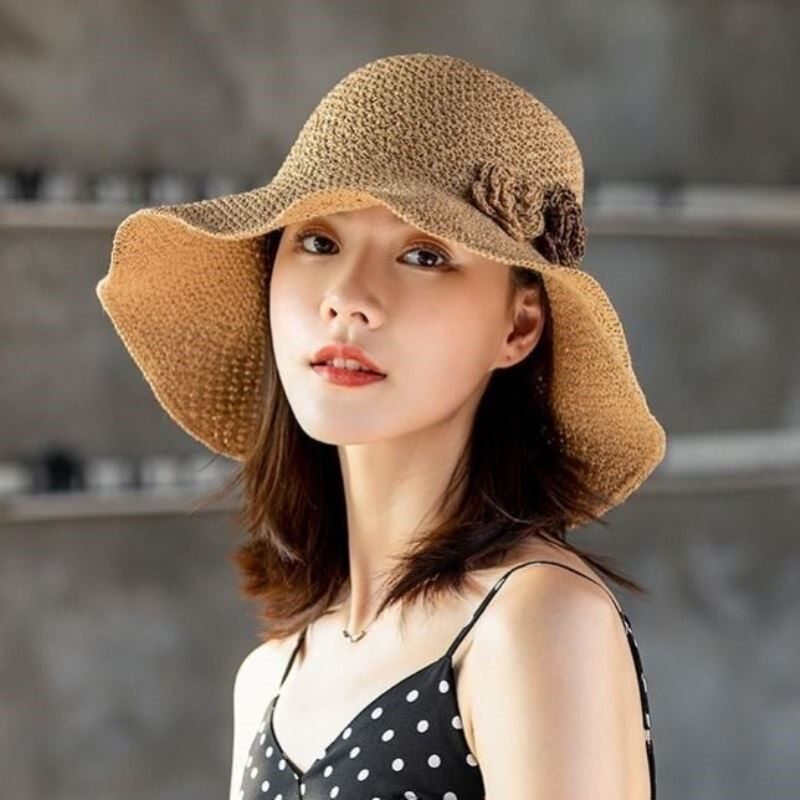 草帽女夏季防晒遮阳大檐沙滩帽日系百搭可折叠花朵装饰太阳帽