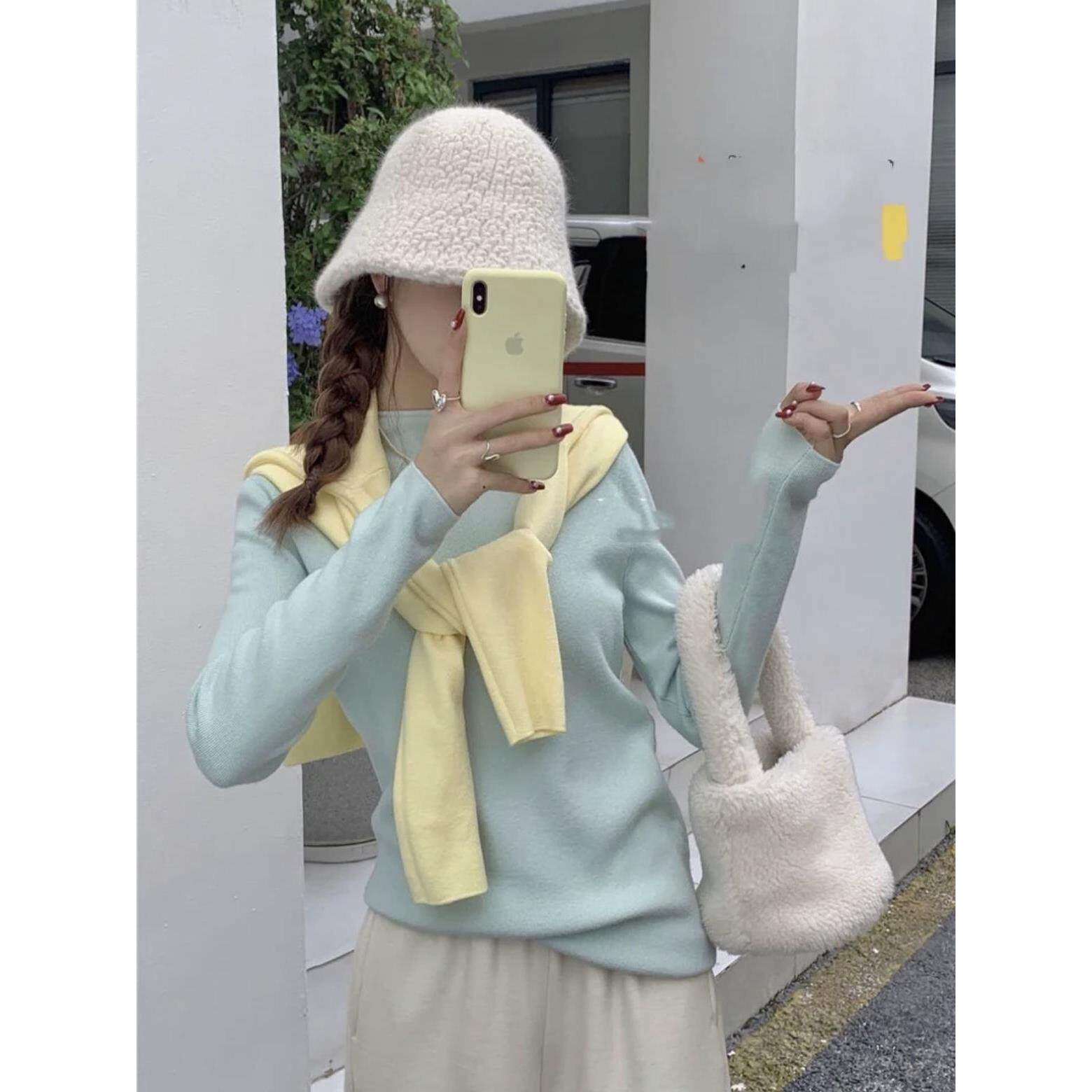 软糯半高领针织衫女秋冬百搭上衣韩系显瘦纯色内搭毛衣打底衫QQ