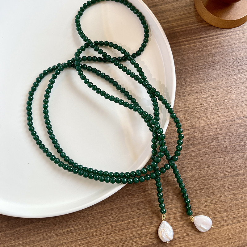 复古2024新款祖母绿毛衣链琉璃