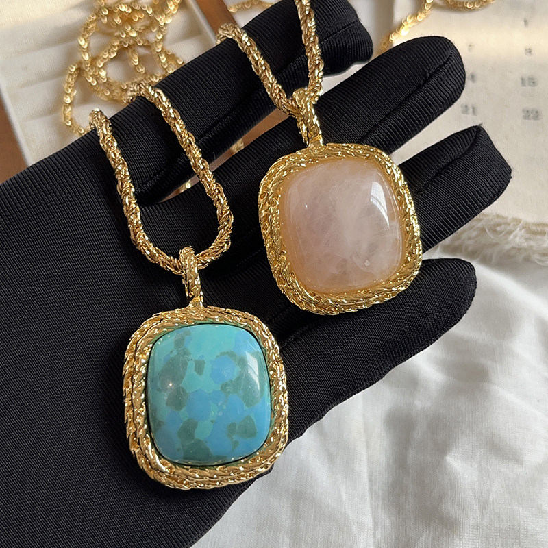 小众设计方形绿松石长款毛衣链