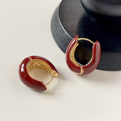 新款法式U形珐琅本命年红色耳环