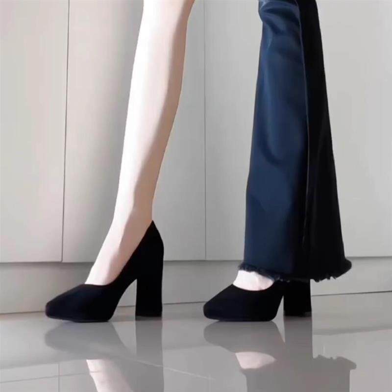 2026春秋季新款韩版浅口尖头绒面黑色高跟鞋粗跟工作通勤面试女鞋