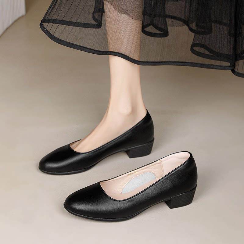 真皮单鞋女空姐工作鞋黑色2025年粗跟不累脚公务员职业面试高跟鞋