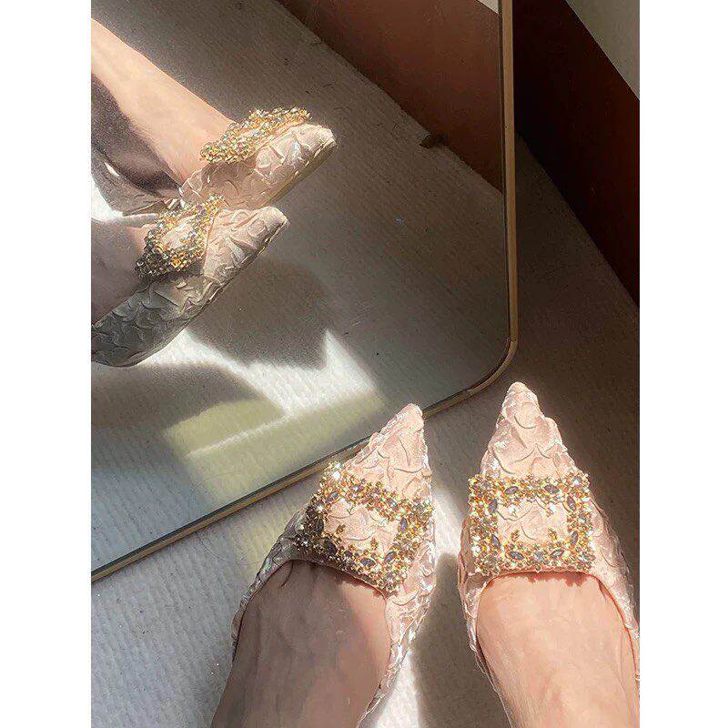 名媛风高跟鞋水钻尖头细跟凉鞋女夏季一脚蹬气质高级不累脚单鞋女