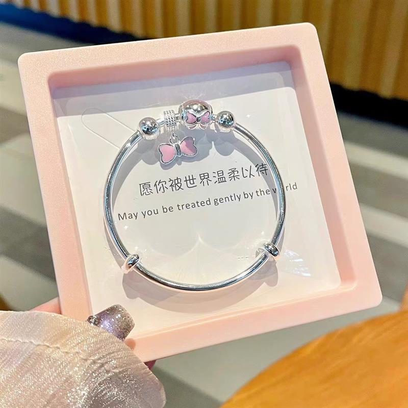 彩绘蝴蝴结9999纯银手镯儿童实心四叶草手环正品足银镯子送礼银饰