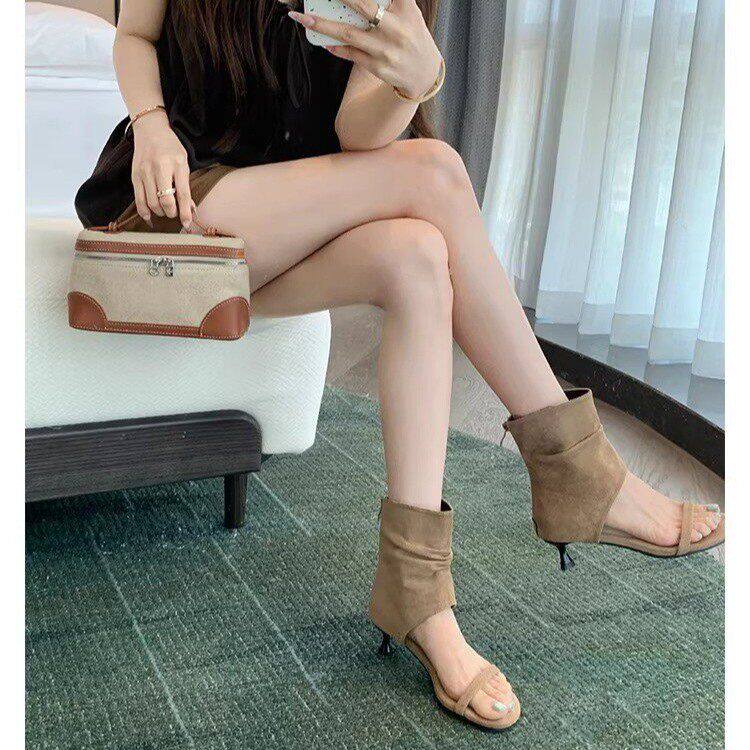 法式露趾高跟凉靴2026夏季新款气质复古西部牛仔靴低跟细跟女凉鞋