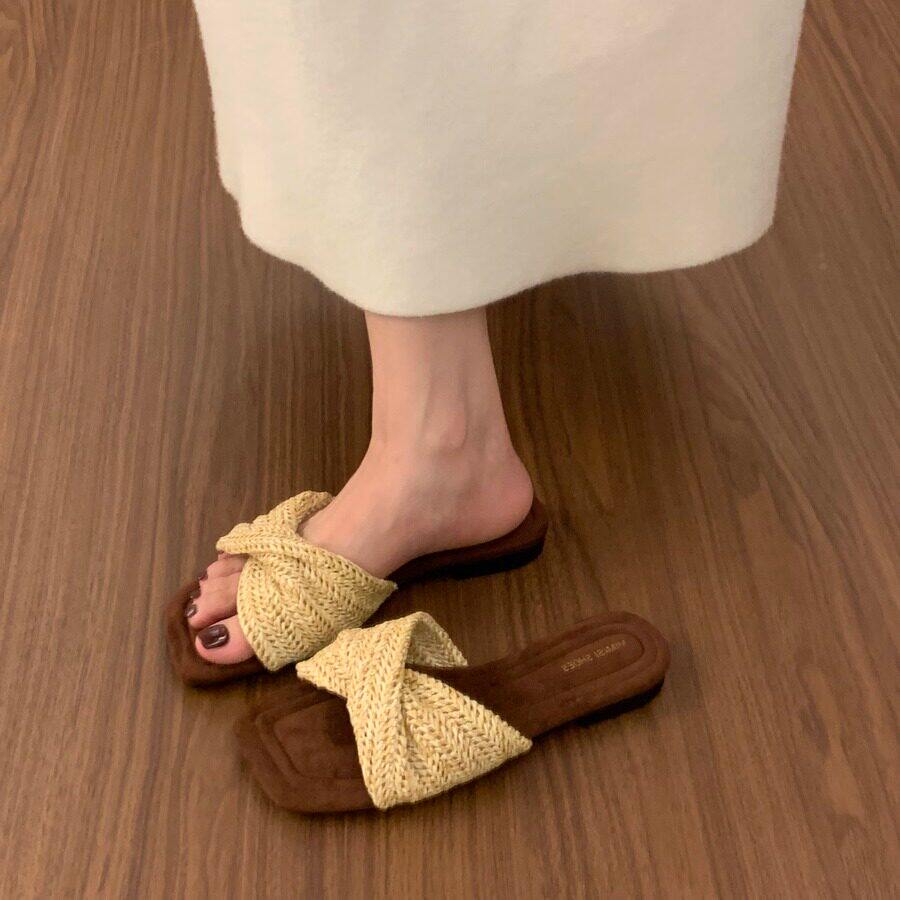 覆古编织扭结平底露趾一