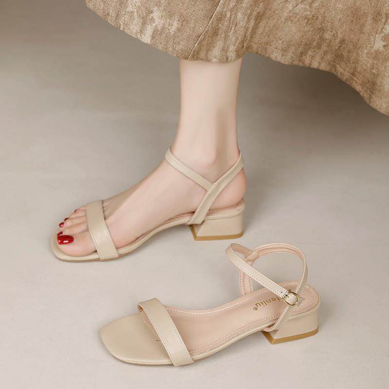 裸色凉鞋女夏季2026新款法式粗跟一字带真皮高跟鞋软皮软底不累脚