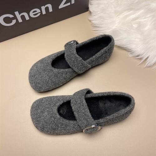 2025新款灰色毛毛女鞋冬外穿加绒保暖玛丽珍单鞋大码女棉鞋41到43