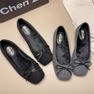 2025新款蝴蝶结毛毛鞋女冬外穿加绒豆豆鞋棉瓢鞋大码41到43小码33