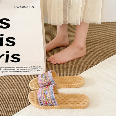 重工刺绣复古风一字拖鞋