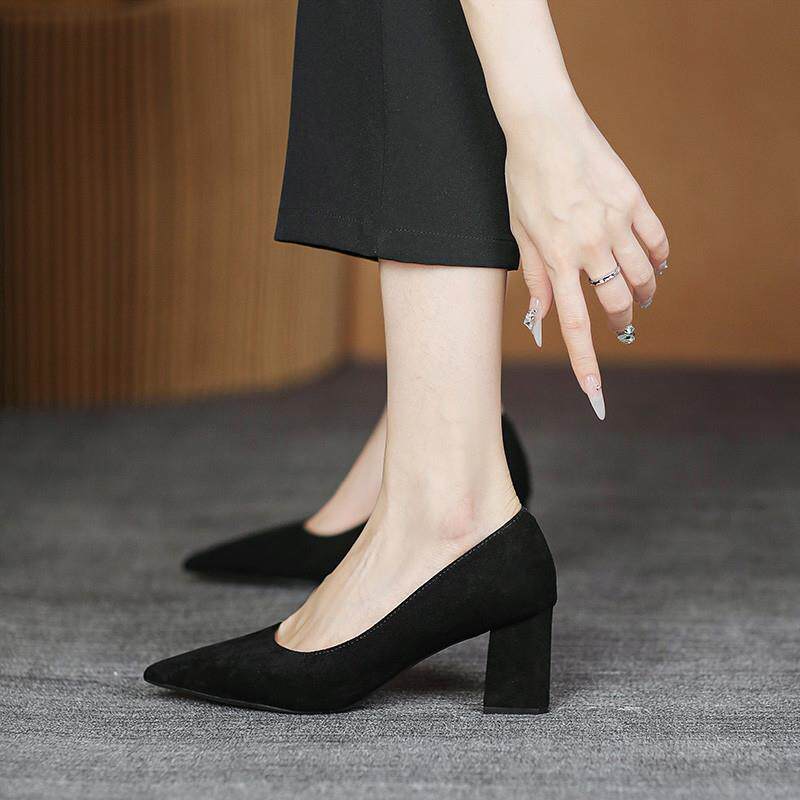 黑色高跟鞋女职业粗跟单鞋女通勤上班鞋浅口不累脚尖头软皮工作鞋