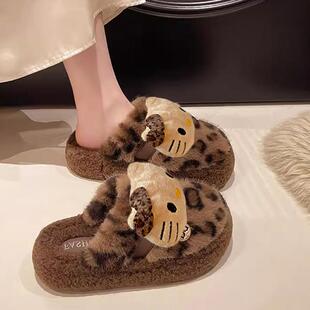 秋冬加绒保暖防滑外穿厚底可爱kt猫毛毛拖鞋 女2026新款 豹纹棉拖鞋