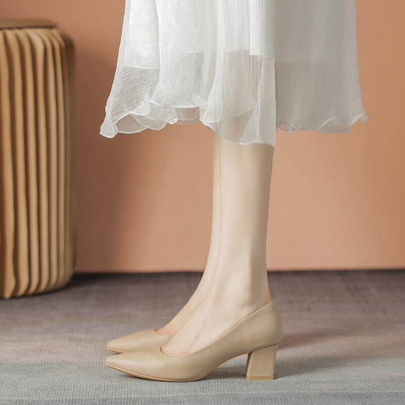 法式裸色粗跟高跟鞋女气质百搭通勤职业工作鞋软皮舒适不累脚单鞋