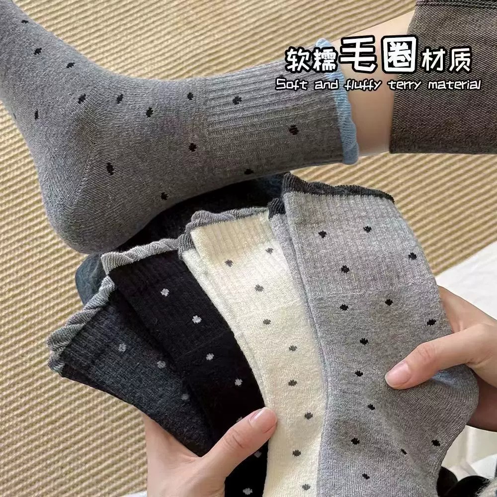 秋冬季女袜时尚潮流波点休闲花边中筒袜女堆堆袜百搭5双装