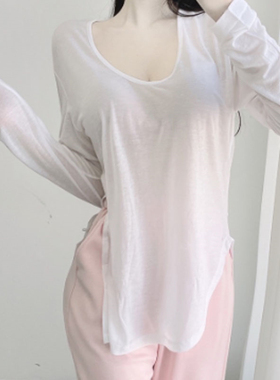 纯欲风U领弧形下摆宽松长袖防晒T恤女春夏薄款低胸微透显身材上衣