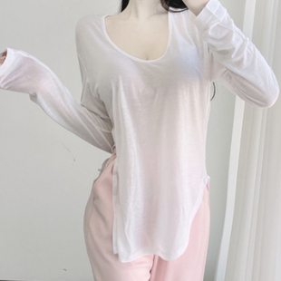 纯欲风U领弧形下摆宽松长袖防晒T恤女春夏薄款低胸微透显身材上衣