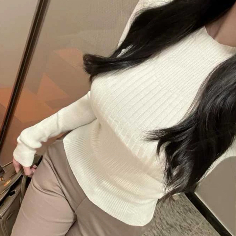 自留款~性感显胸大紧身长袖针织衫女简约圆领显瘦百搭打底上衣潮