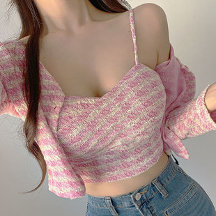 外套两件套装 粉色开衫 短款 甜美格纹辣妹抹胸小背心吊带上衣女秋季